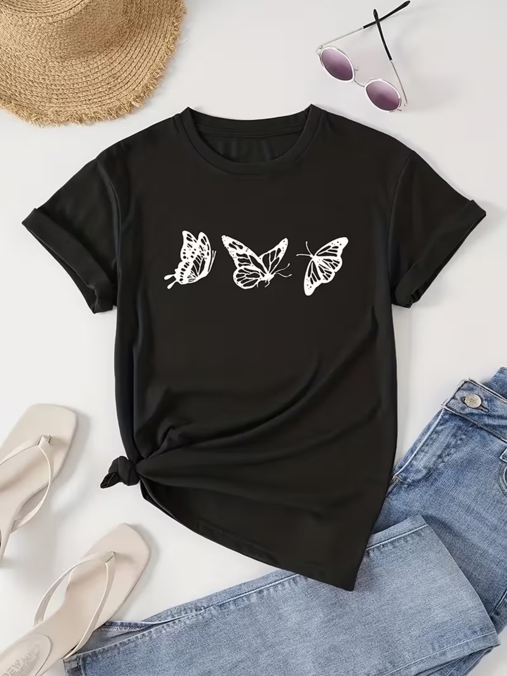 Black Butterfly Graphic Tee - Women's Casual Top